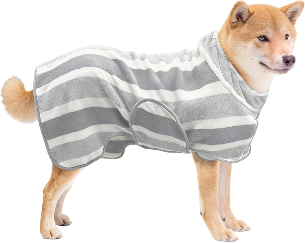 Fast Drying Dog Bathrobe, Super Absorbent Stripes Dogs Towel, Adjustable Warm Keeping Pet Puppy Bath Supplies (Grey, M)