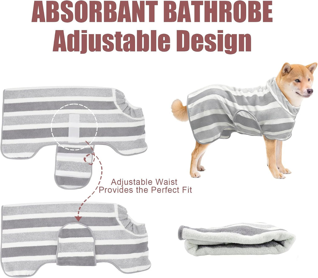 Fast Drying Dog Bathrobe, Super Absorbent Stripes Dogs Towel, Adjustable Warm Keeping Pet Puppy Bath Supplies (Grey, M)