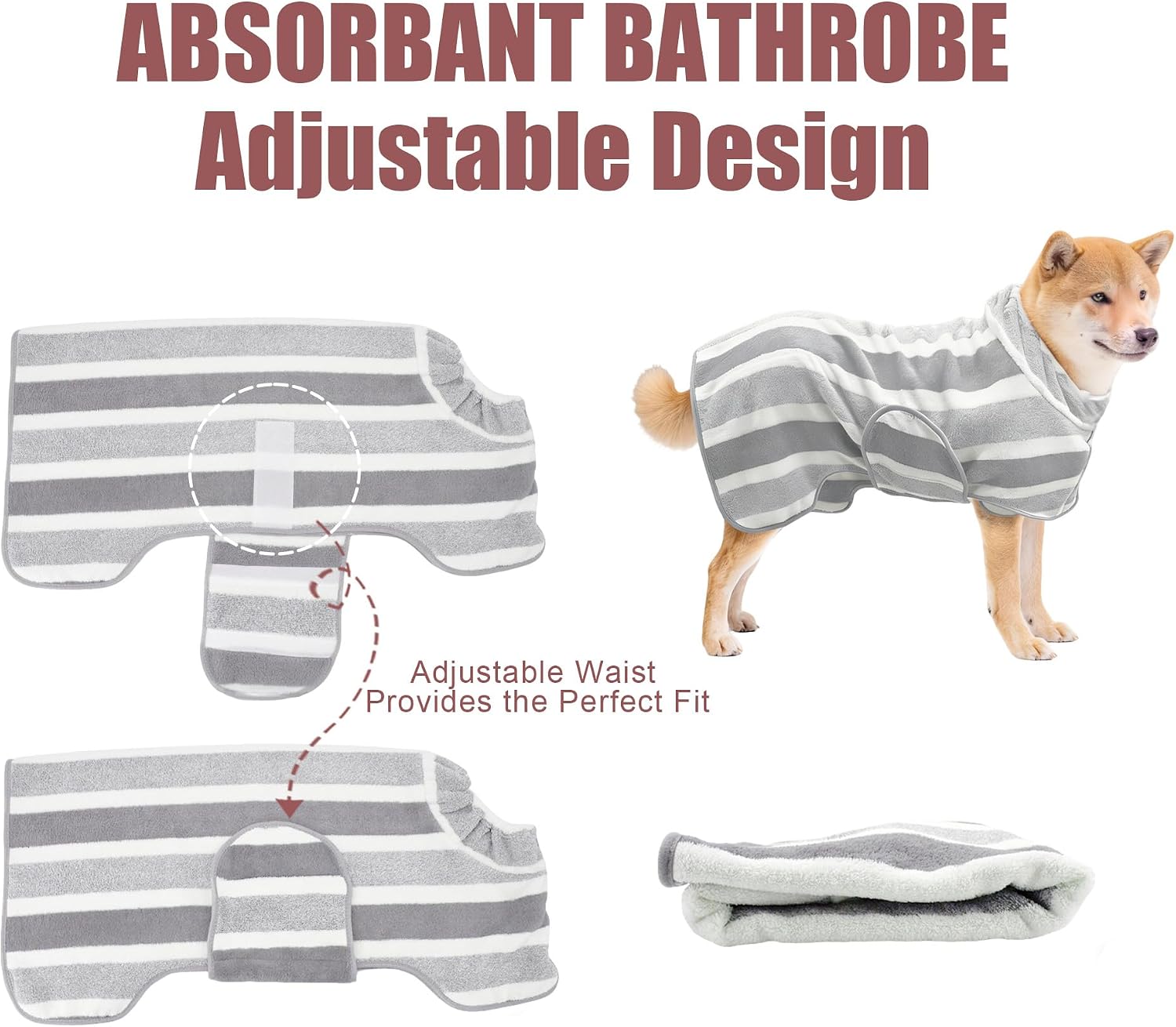 Fast Drying Dog Bathrobe, Super Absorbent Stripes Dogs Towel, Adjustable Warm Keeping Pet Puppy Bath Supplies (Grey, M)