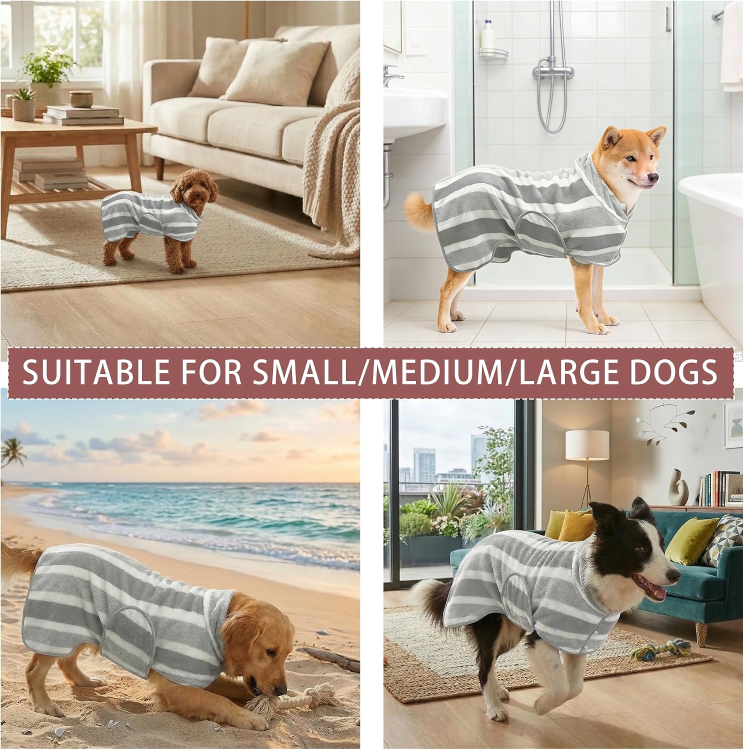 Fast Drying Dog Bathrobe, Super Absorbent Stripes Dogs Towel, Adjustable Warm Keeping Pet Puppy Bath Supplies (Grey, M)